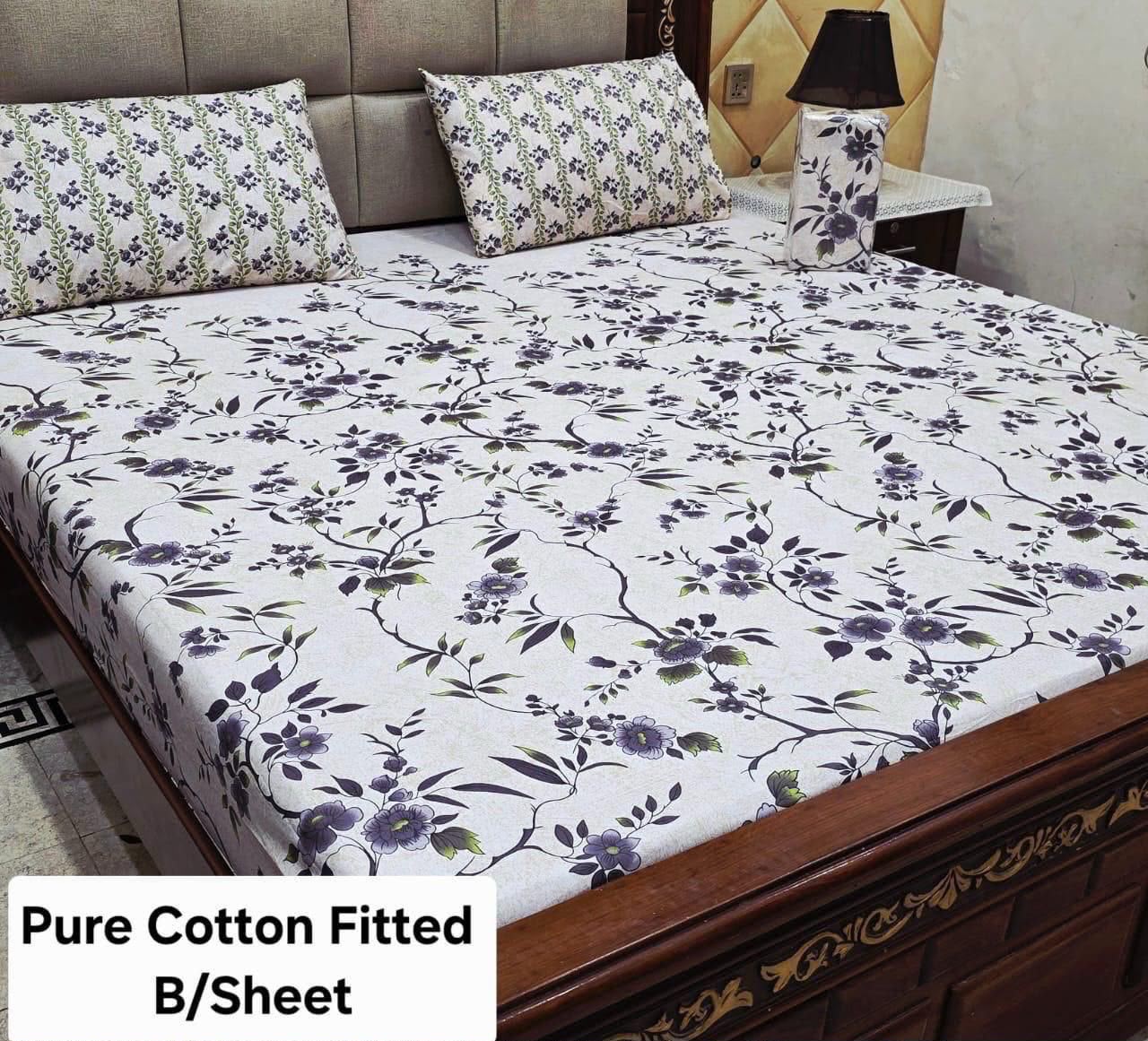3 PC Export Quality Pure Cotton Fitted King Size Bedsheet Set